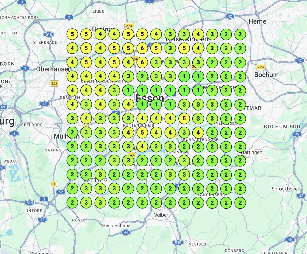 Local-SEO-Heatmap nachher: überwiegend grün