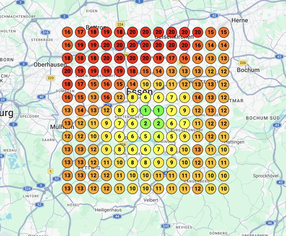 Local-SEO-Heatmap vorher: überwiegend rot und orange